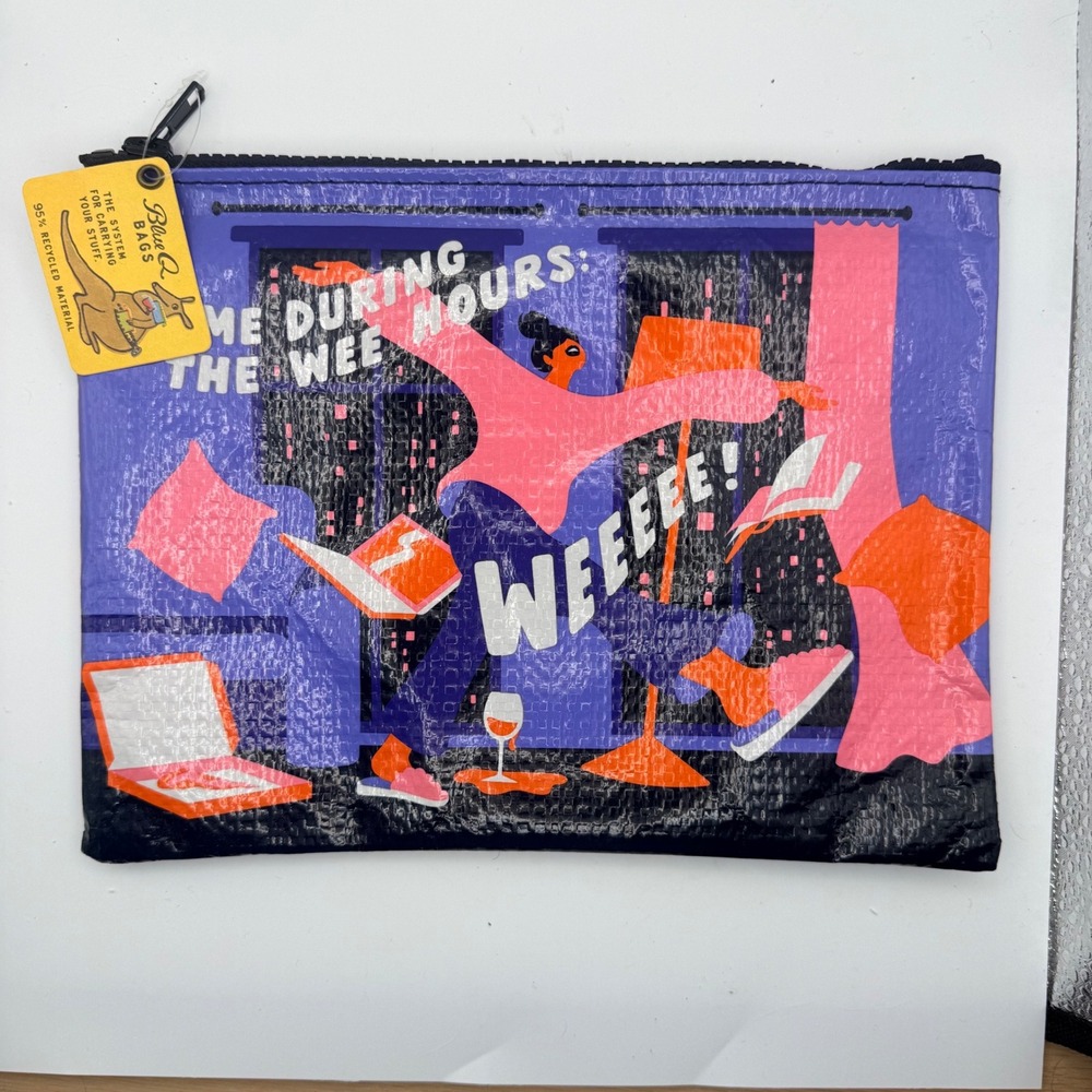Blue Q Wee Hours Recycled Zipper Pouch Purple Pink Graphic Makeup Bag NWT